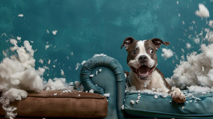 An exuberant dog leaps on a sofa surrounded by flying fluff, signaling a playful but destructive moment