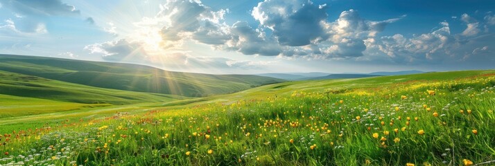 Green meadow landscape during springtime with young green grass and wild flowers. Spring and summer background. - obrazy, fototapety, plakaty