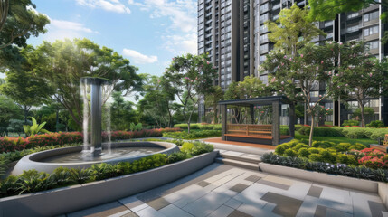 Obraz premium A park setting featuring a fountain as its centerpiece, surrounded by trees and bushes, creating a green oasis in the urban environment