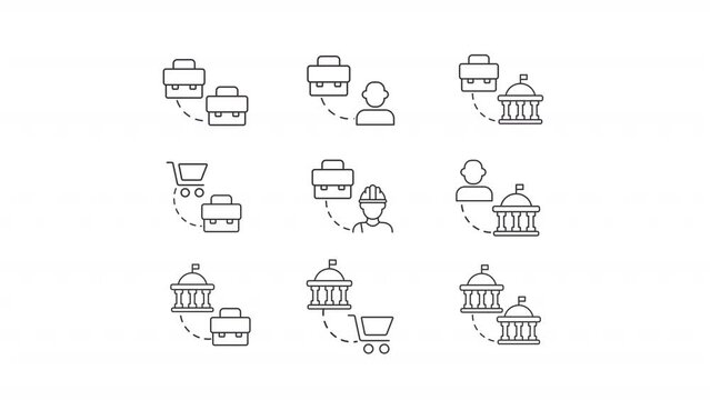 Ecommerce types animation set. Business models animated line icons. Digital economy regulation. Black illustrations on white background. HD video with alpha channel. Motion graphic