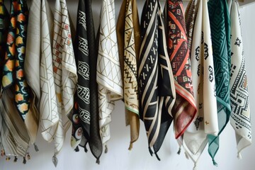hijabs with geometric designs hanging orderly on a wallmounted rack - obrazy, fototapety, plakaty