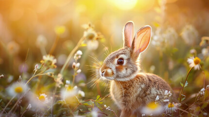 Fototapeta na wymiar Rabbit is calmly seated amidst a vibrant field of white and yellow daisies under the clear blue sky