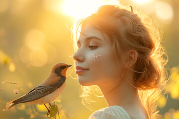 The young woman gazes tenderly at the bird, unity of human with nature - Powered by Adobe
