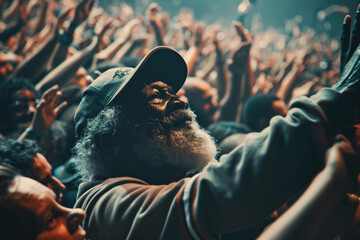 A cinematic still of the inside view of an old black man with gray hair and beard wearing a baseball cap standing in front of thousands of people reaching up to him