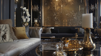 A room filled with stylish furniture and a grand chandelier hanging from the ceiling, creating a sophisticated atmosphere