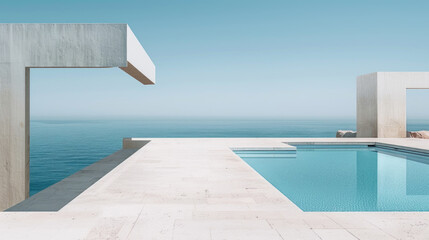 A swimming pool overlooks the vast ocean, offering a relaxing and picturesque view of the water merging with the horizon - obrazy, fototapety, plakaty