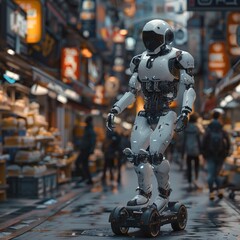 Futuristic Robot Navigating Urban Market Street
A humanoid robot on two wheels is showcased traversing a busy urban market street, evoking a futuristic atmosphere amidst the traditional setting.

