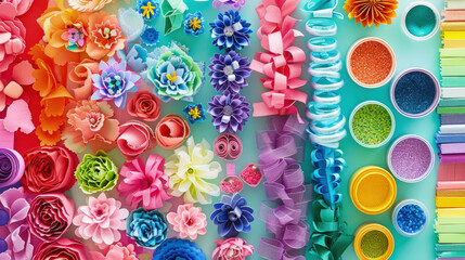 Various colorful paper flowers arranged in a bunch with vibrant hues and different shapes - obrazy, fototapety, plakaty