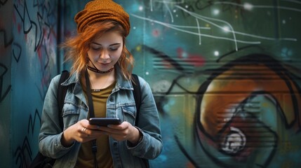 urban young woman using phone on the street