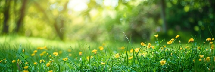 Beautiful green meadow landscape during springtime with young green grass and wild flowers. Spring and summer background. - obrazy, fototapety, plakaty