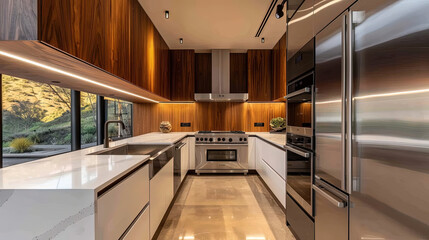 A modern kitchen featuring stainless steel appliances and elegant wood cabinets, creating a sleek and functional cooking space