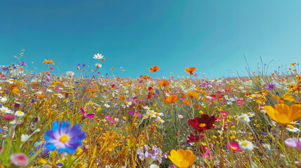 Fototapeta na wymiar A field full of colorful wildflowers stretches towards the horizon under a bright and clear blue sky, evoking tranquility
