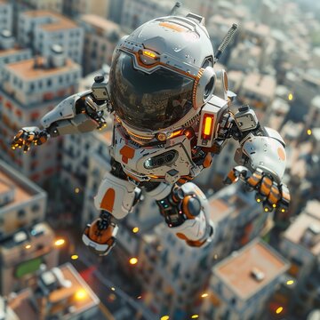  robot leaping over urban obstacles, propelled by small rockets, as it races against time to deliver a large order for a rooftop party, with the cityscape stretching out below , 3D render , 3DCG , hig