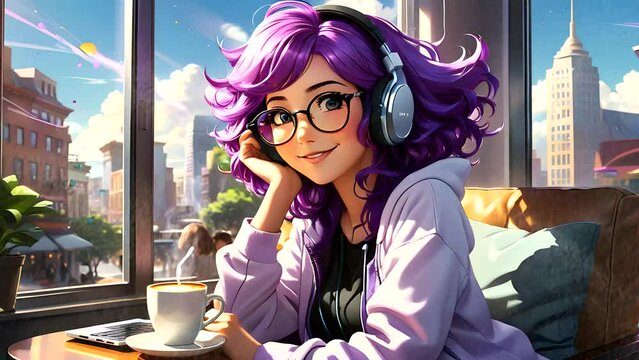 woman with purple hair in coffee shop listening music. Seamless looping time-lapse 4k video animation background