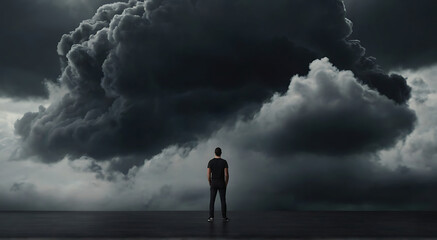 a man surrounded all around by black clouds in a room, concept photo, mental health, Darkness - obrazy, fototapety, plakaty