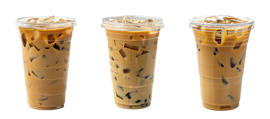 cups of iced coffee with ice and chocolate on a white background. Generative AI - obrazy, fototapety, plakaty
