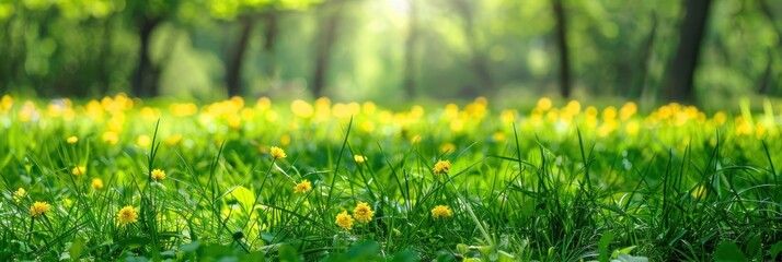 Beautiful green meadow landscape during springtime with young green grass and wild flowers. Spring and summer background.