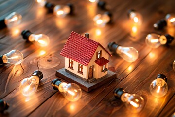 mini house surrounded by light bulbs on wooden table - obrazy, fototapety, plakaty