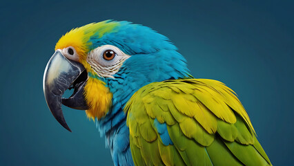 Fototapeta premium a portrait a\of a green parrot with golden feathers in a blue isolated background, cartoon style, portrait