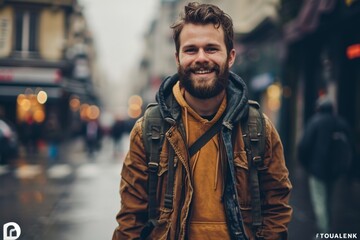 Handsome Man Traveling in London City. Happy Young Man with Beard Traveling in London.