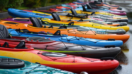 Multiple colorful kayaks are lined up neatly along the side of the road, ready for adventure