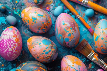 Fototapeta na wymiar Process of DIY painting colorful Easter egg