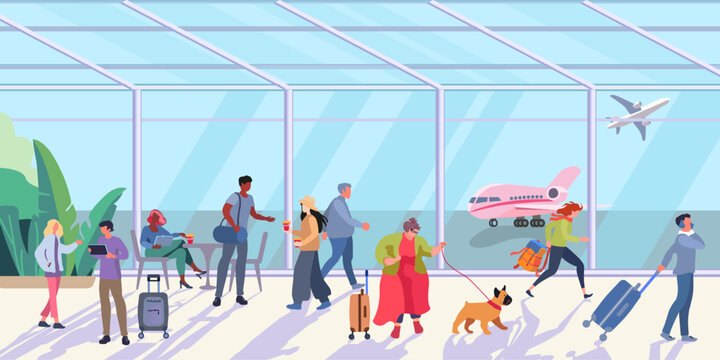 Panorama of the airport hall. People waiting for an airplane flight. Fat lady with dog and luggage. Aircraft. Flat vector illustration for banner, poster and advertising