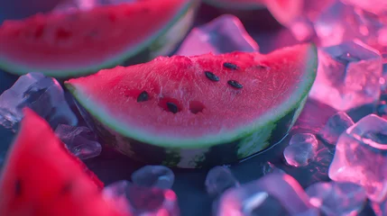 Foto op Plexiglas Watermelon slices and ice cubes on a pink background © Higgs Haze