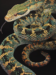 Fototapeta premium A detailed painting of a snake displayed on a black background, Generative AI