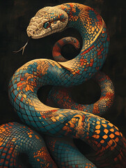 A detailed painting of a snake displayed on a black background, Generative AI
