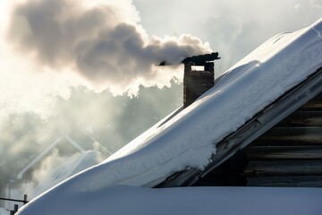 snowcapped cabin roof with smoke from chimney