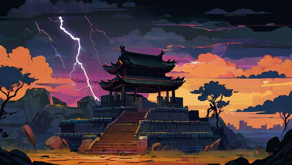 Temple ruins in an ancient asia citys Illustration
