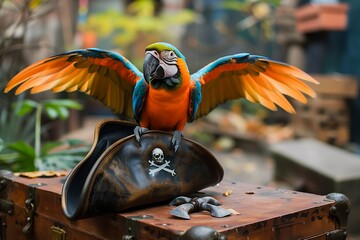 parrot with orange wings on leather pirate hat on old chest