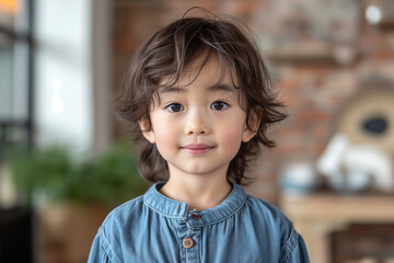 A young asian girl with brown hair and blue shirt is smiling. He is looking at the camera. The room has a brick wall and a wooden table