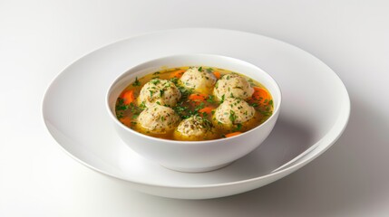 A Matzah ball soup served in a clear bowl, isolated on a white background 