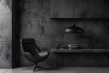 Contemporary black and white interior featuring a luxurious leather chair, pendant light, and...