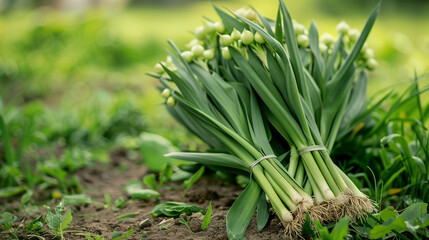 A bunch of wild leeks identified and foraged, spread out on a natural green field, background with empty space for text 