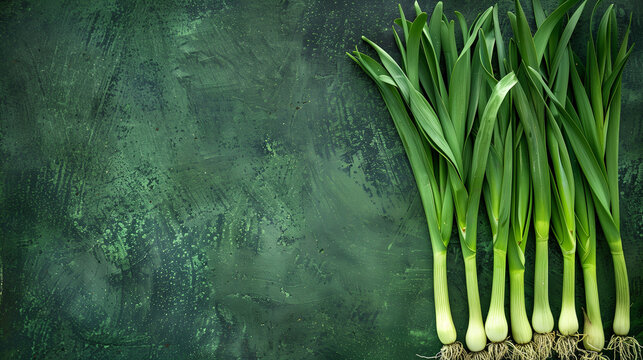 A bunch of wild leeks identified and foraged, spread out on a natural green field, background with empty space for text 