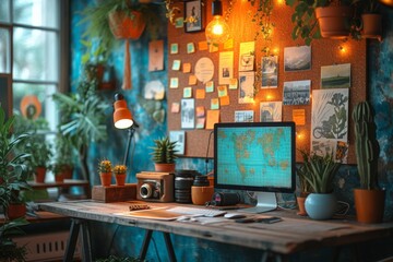 Naklejka premium Photographer's work desk with a camera, computer screen mockup