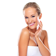 Portrait, beauty and skincare of happy woman for glow, body or health isolated on a white studio background mockup. Face, makeup and smile of blonde model touching skin with cosmetics for dermatology