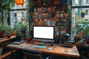 Photographer's work desk with a camera, computer screen mockup