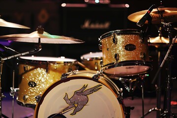 Fototapeta na wymiar drum set closeup with band logo, lights up