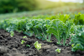 Obraz premium Cultivated kale vegetable field, earth day concept, plants in soil, green world.