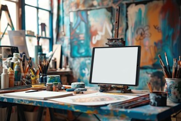 Naklejka premium Artist or painters workplace with colorful markers