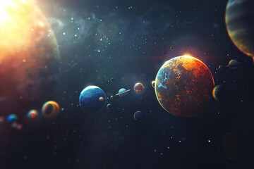 Generative ai on theme of parade of planets in solar system, bright stars glow in atmosphere - obrazy, fototapety, plakaty