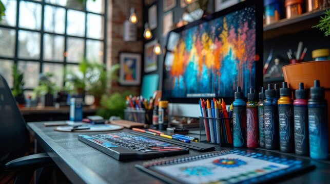 Artist or painters workplace with colorful markers