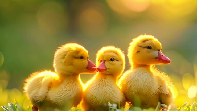 Cute sweet yellow ducklings. 4k video animation