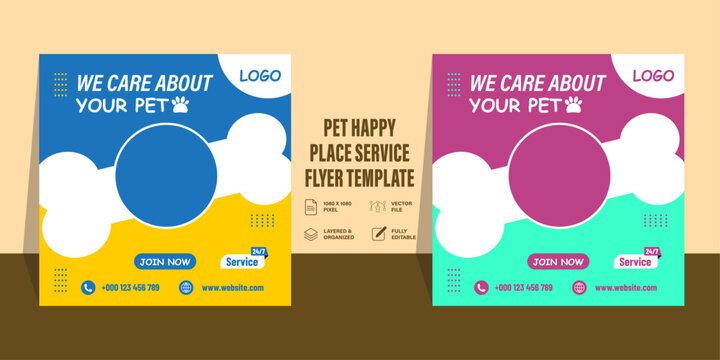 pet care social media post template, Editable modern banner with place for the photo, Pet care and shop square banner template design collection, Usable for social media post, banner, and web ad