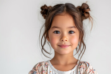A young asian girl with brown hair and a white shirt is smiling. She has her hair in pigtails and is wearing a floral shirt