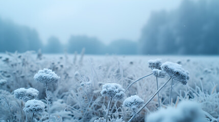 Frosty Winter Morning: A serene landscape featuring fog in the snow-covered forest and morning light in a snowy field. - obrazy, fototapety, plakaty